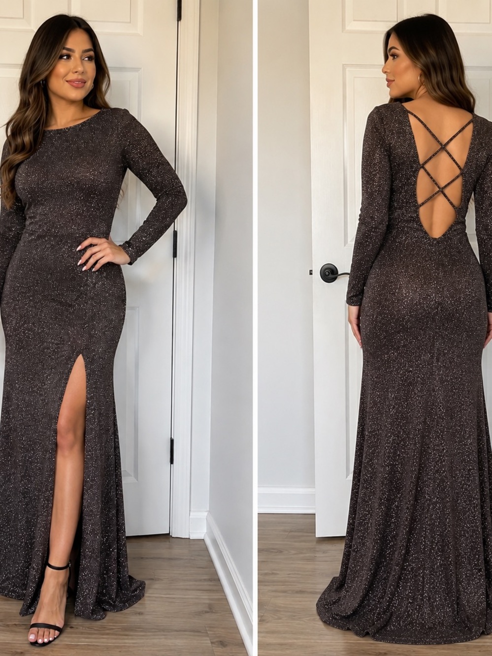 B Darlin Charcoal Sparkle Long Sleeve Prom Dress with Crisscross Back